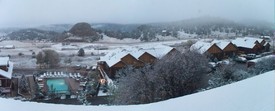 Fri 10 Oct 2008 08:37:43 PM

A panoramic view outside our hotel room windows at Mary's Lake Lodge the morning we left.  Note the early snowfall.